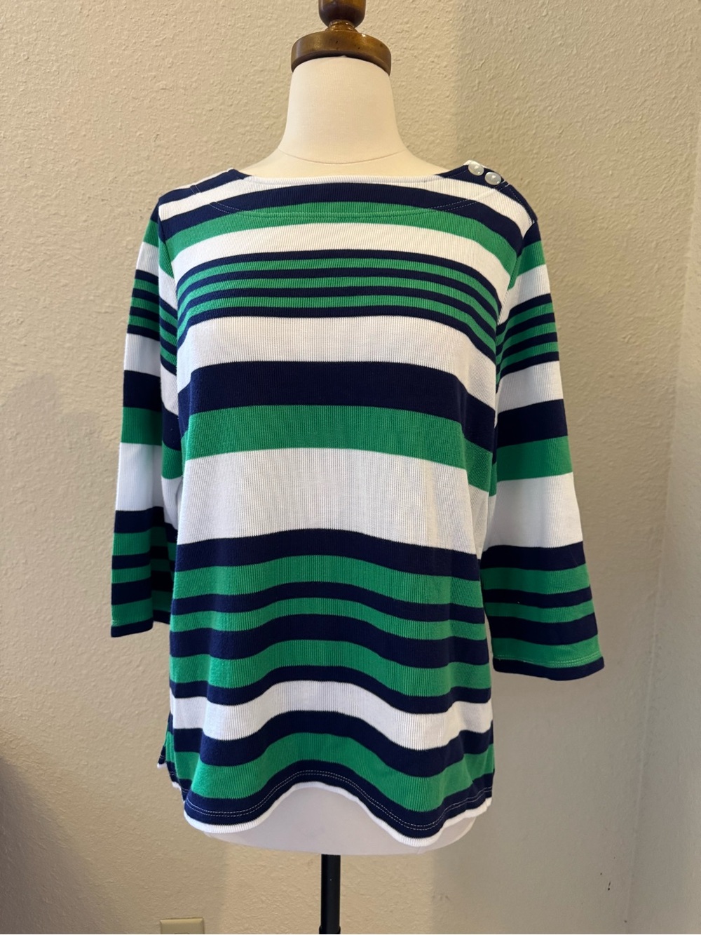 Rebecca Malone Large Striped Green Navy White Boatneck Women's Sweater